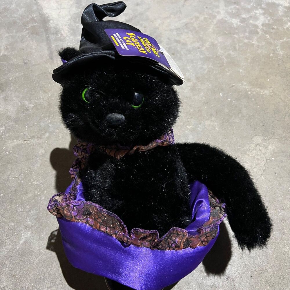 Vintage Dan Dee Scaredy Cat Screeching Plush Black Cat Head Spins Halloween Tags